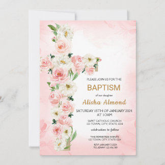 Flower Cross Baptism Invitation, Floral Christian Inbjudningar