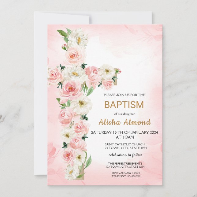 Flower Cross Baptism Invitation, Floral Christian Inbjudningar (Framsida)