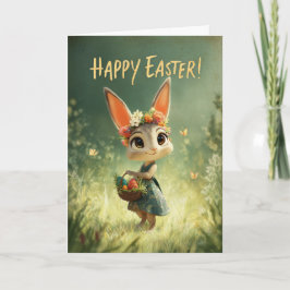 Flower-Crown Bunny with Easter Basket Meadow Card Kort