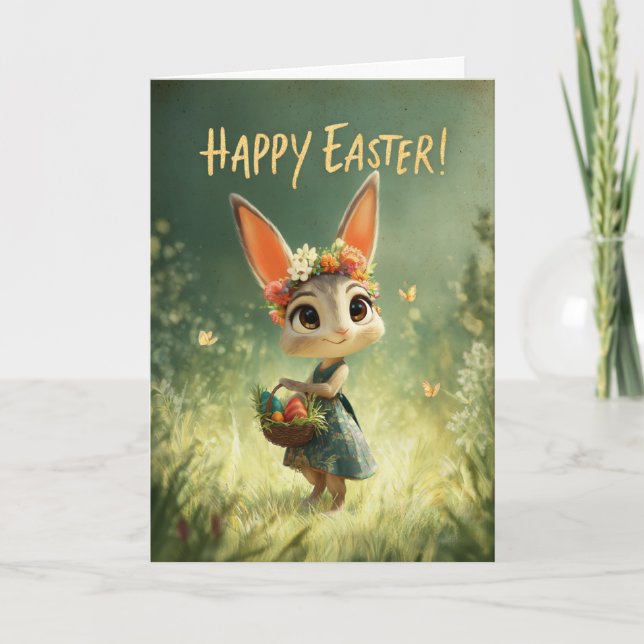 Flower-Crown Bunny with Easter Basket Meadow Card Kort (Framsida)
