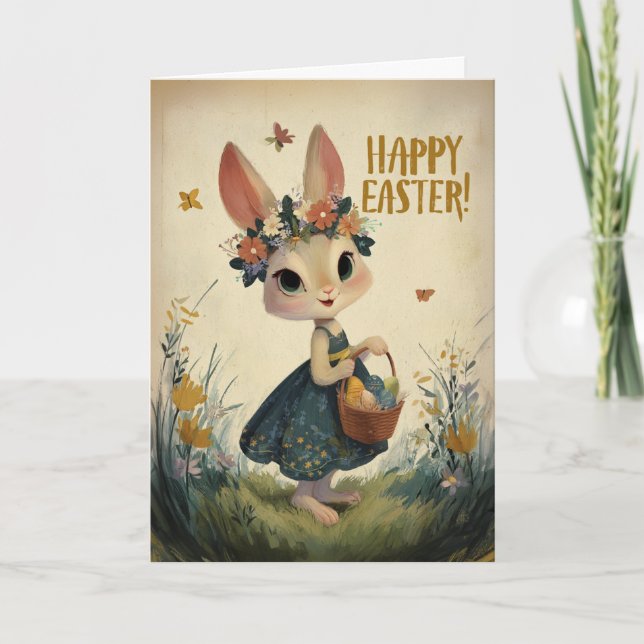 Flower-Crown Easter Bunny in Spring Meadow Card Kort (Framsida)