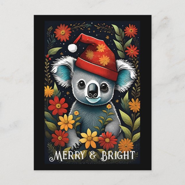 Flower Cute Santa Koala Bear Black jul Vykort (Framsida)