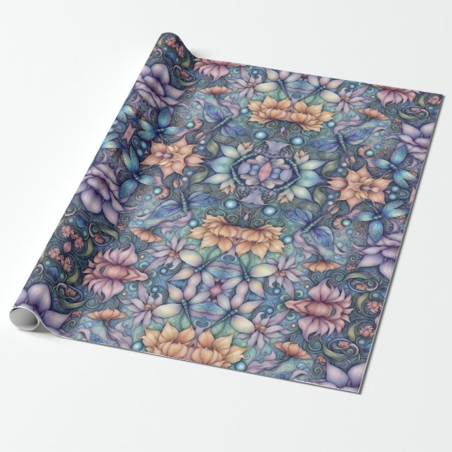 FLower Damask Blue Guld Presentpapper (Utrullad)