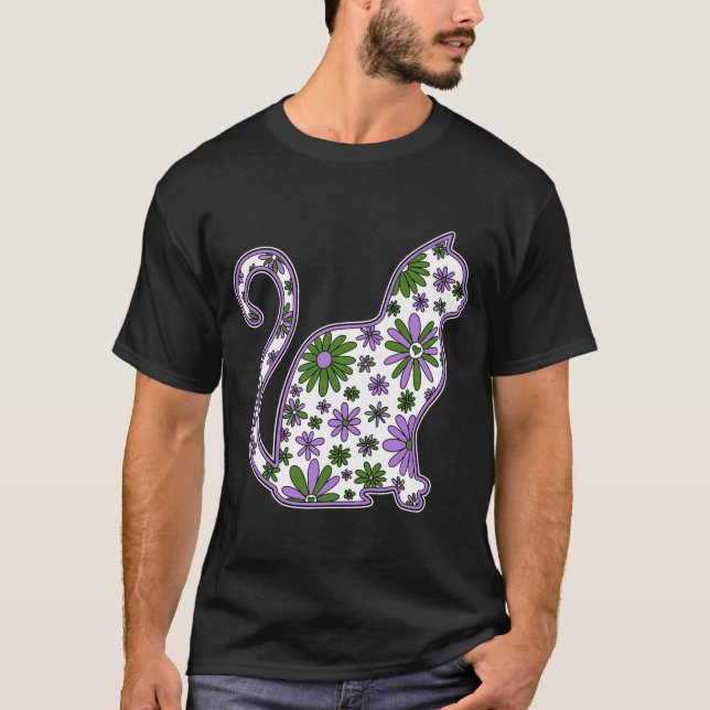 Flower doodle cat LGBTQ+ Genderqueer Pride Flagga T Shirt (Framsida)