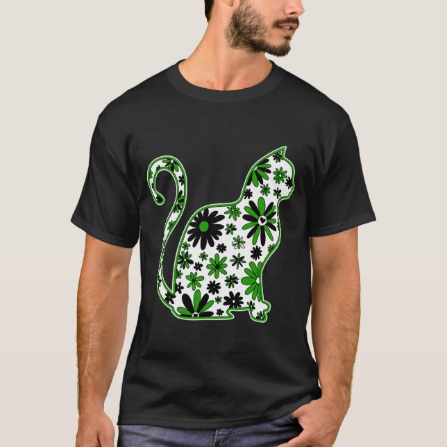 Flower doodle cat LGBTQ+ Neutrois Pride Flagga T Shirt (Framsida)