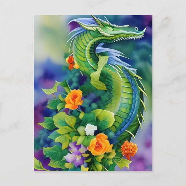 Flower Dragon Watercolor Vykort (Framsida)
