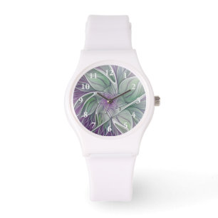 Flower Dream, Abstrakt Lila Grönt Fractal Art Armbandsur