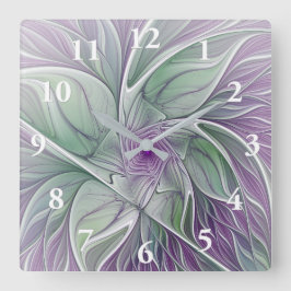 Flower Dream, Abstrakt Lila Grönt Fractal Art Fyrkantig Klocka