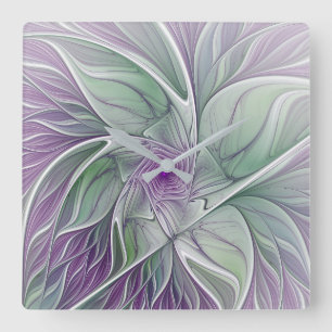 Flower Dream, Abstrakt Lila Grönt Fractal Art Fyrkantig Klocka