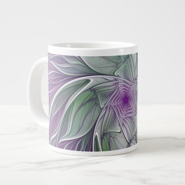 Flower Dream, Abstrakt Lila Grönt Fractal Art Jumbo Mugg (Framsida vänster)