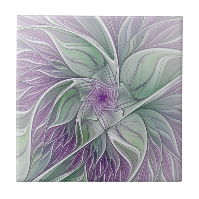 Flower Dream, Abstrakt Lila Grönt Fractal Art Kakelplatta (Framsidan)