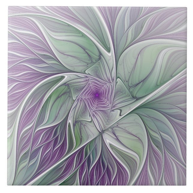 Flower Dream, Abstrakt Lila Grönt Fractal Art Kakelplatta (Framsidan)