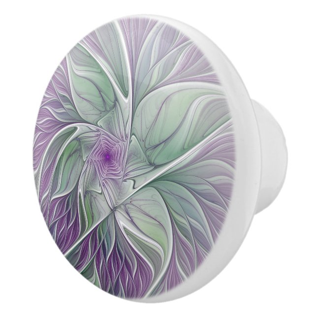 Flower Dream, Abstrakt Lila Grönt Fractal Art Knopp (Höger)