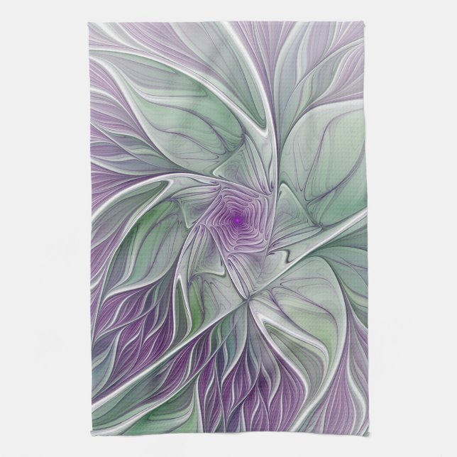 Flower Dream, Abstrakt Lila Grönt Fractal Art Kökshandduk (Vertikal)