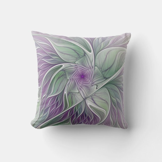 Flower Dream, Abstrakt Lila Grönt Fractal Art Kudde (Framsida)