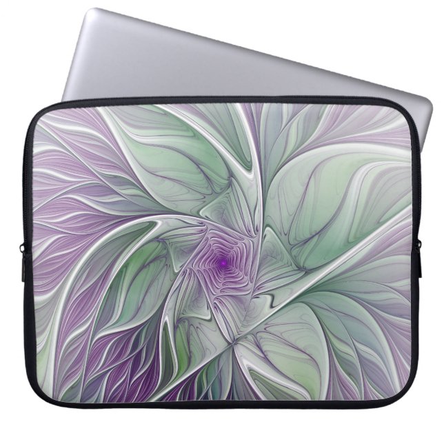 Flower Dream, Abstrakt Lila Grönt Fractal Art Laptop Fodral (Framsidan)