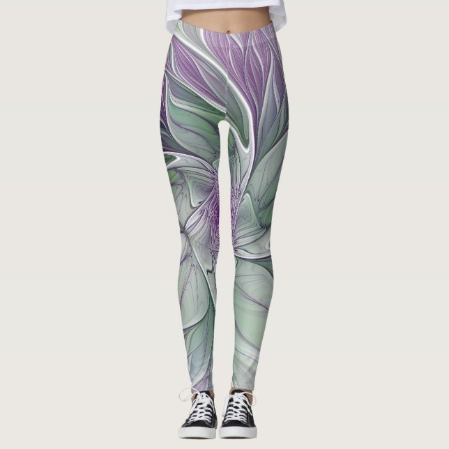 Flower Dream, Abstrakt Lila Grönt Fractal Art Leggings (Framsida)