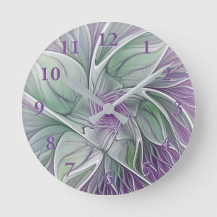 Flower Dream, Abstrakt Lila Grönt Fractal Art Rund Klocka