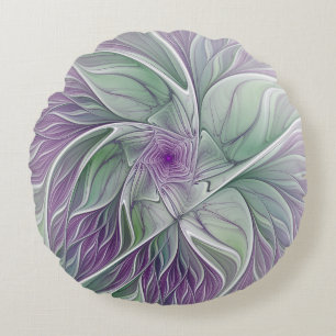 Flower Dream, Abstrakt Lila Grönt Fractal Art Rund Kudde