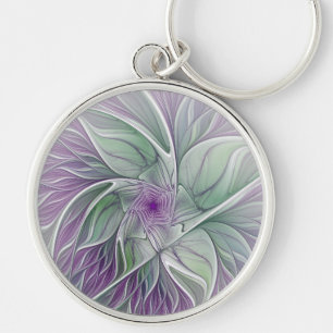 Flower Dream, Abstrakt Lila Grönt Fractal Art Rund Silverfärgad Nyckelring