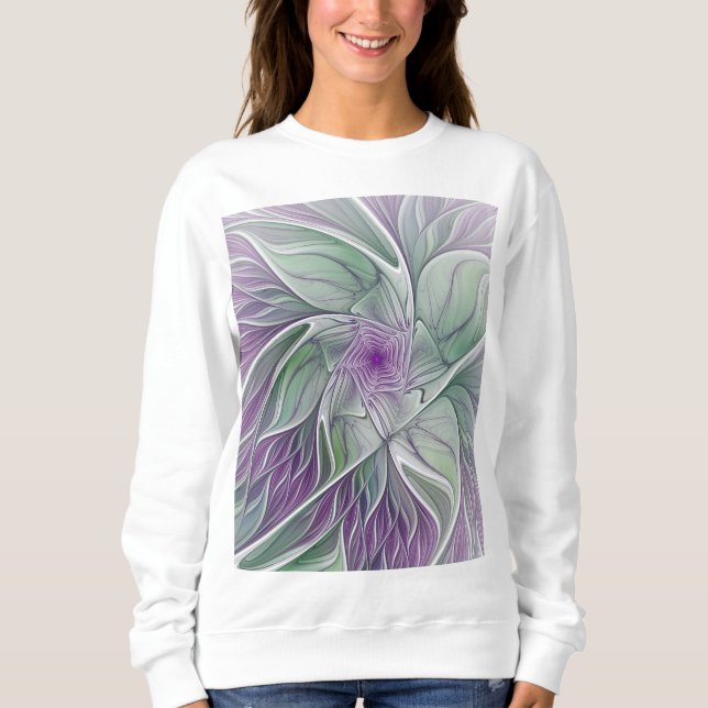 Flower Dream, Abstrakt Lila Grönt Fractal Art T Shirt (Framsida)