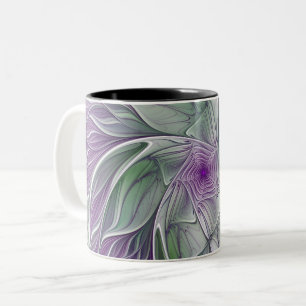 Flower Dream, Abstrakt Lila Grönt Fractal Art Två-Tonad Mugg