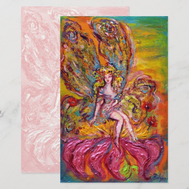 FLOWER FAIRY PÅ IRIS Rosa Fantasy Stationery Brevpapper (Fram/baksida)