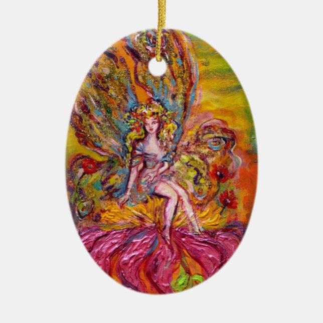 FLOWER FAIRY PÅ ROSA IRIS Lila Gem Fantasy Julgransprydnad Keramik (Framsidan)