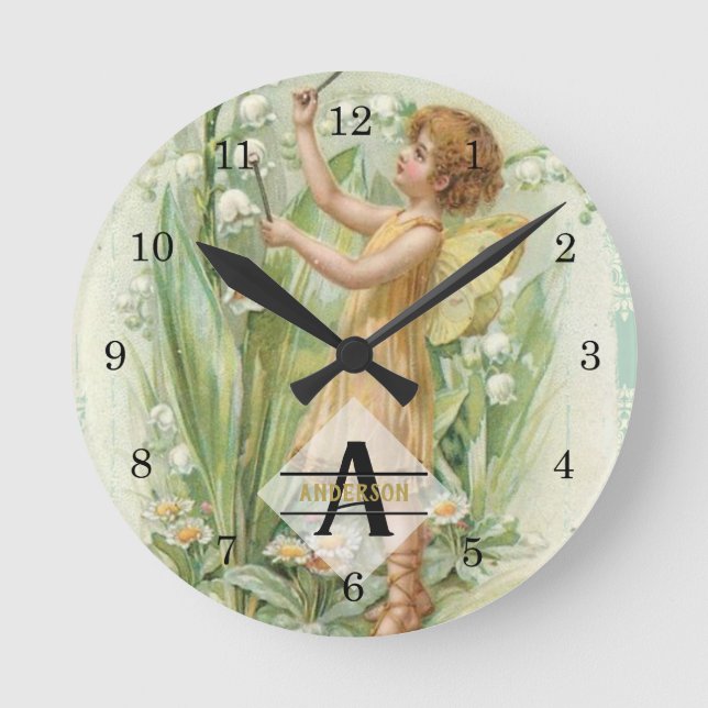 Flower Fairy Snowbells Vintage Art Monogram Rund Klocka (Framsida)