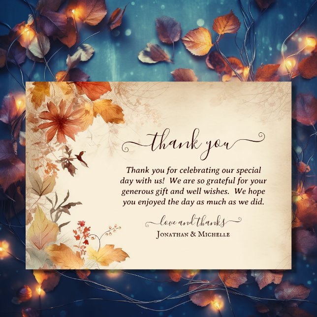 Flower Fall Wedling i Löv vid den vackra hösten Tack Kort (Front - Beautiful Autumn Leaf Flower Fall Wedding Thank You Card)