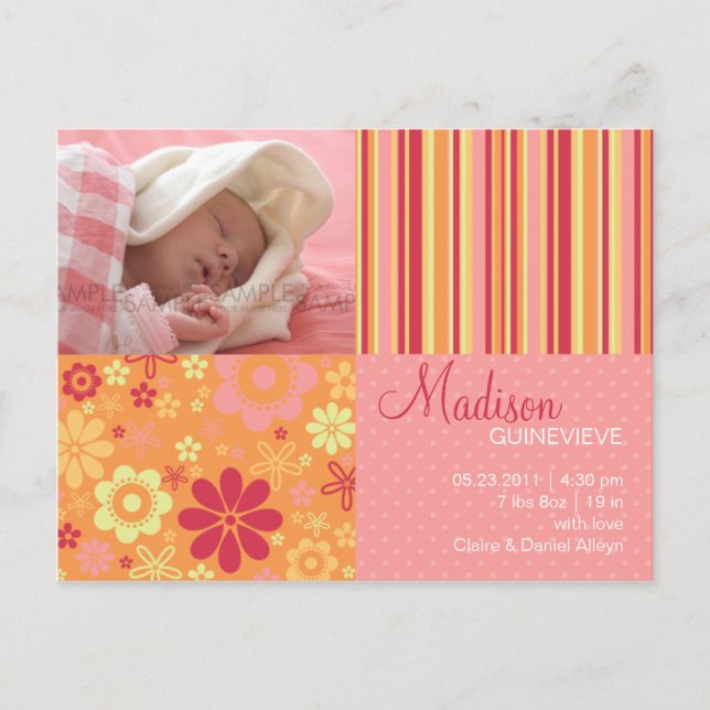 Flower Fizz Rosa & Orange ・ Baby-meddelande Meddelande Vykort (Framsida)