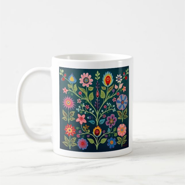 Flower Folk Art Motif Kaffemugg (Vänster)