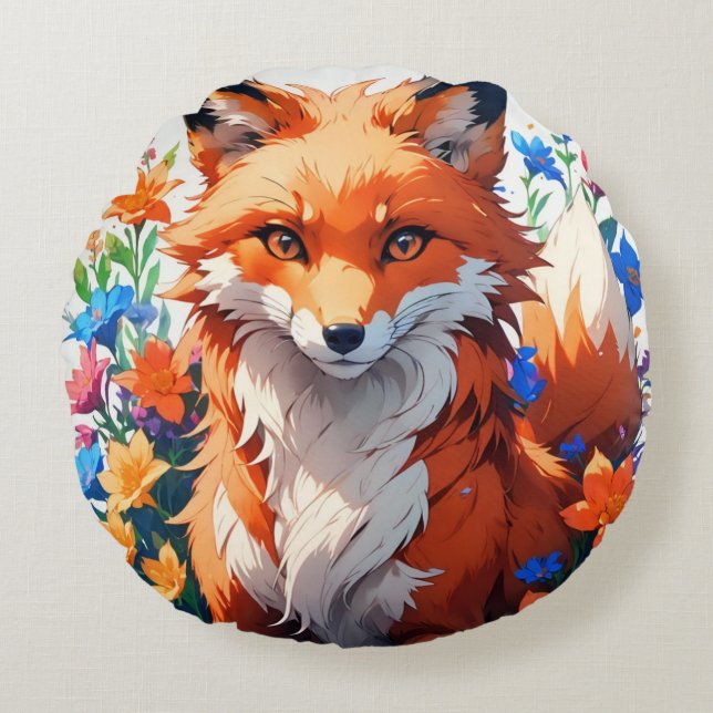 Flower Fox Rund Kudde (Framsidan)