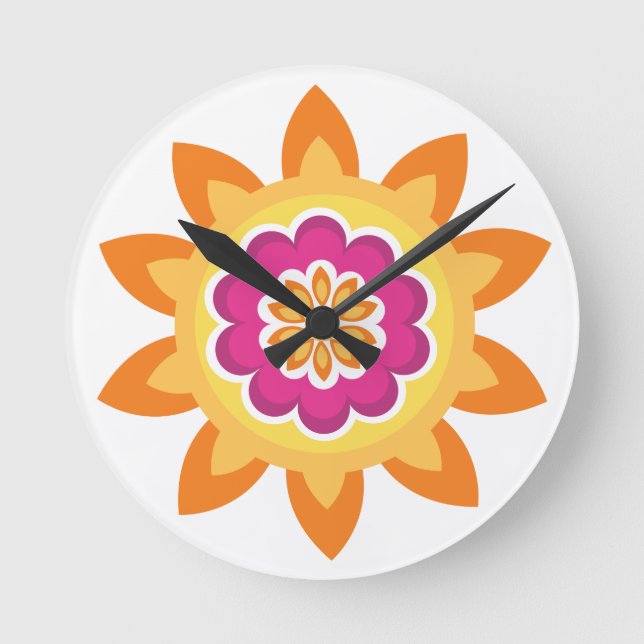Flower Fusion_Geometric Sunburst_Poppy Fuchsia Sol Rund Klocka (Framsida)