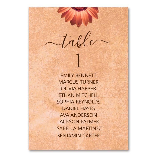 Flower Gerbera på Abstrakt peach Bröllop Bordsnummer (Framsidan)