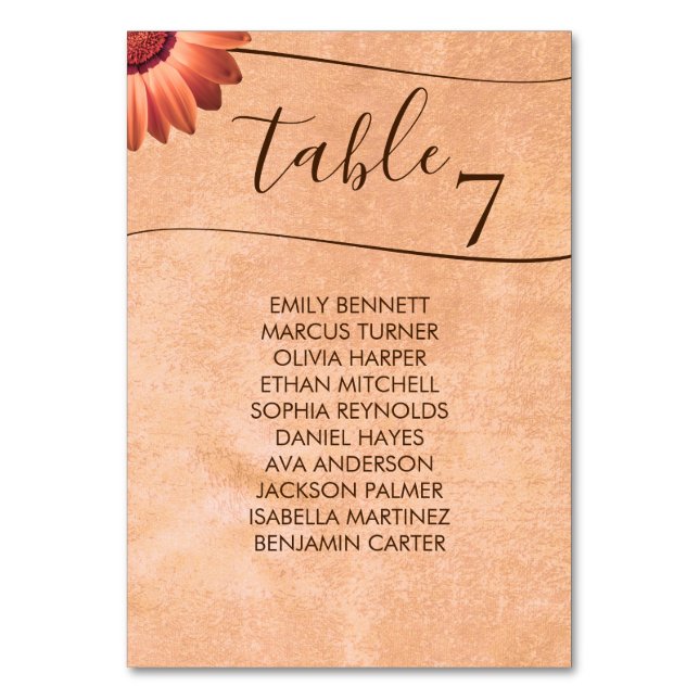 Flower Gerbera på Abstrakt peach Bröllop Bordsnummer (Framsidan)