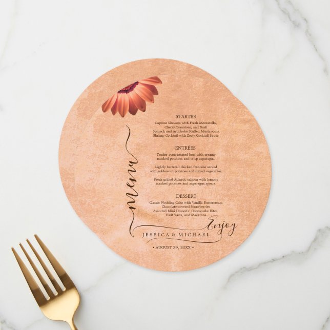 Flower Gerbera på Abstrakt peach Bröllop Meny (Fram/Back In Situ)