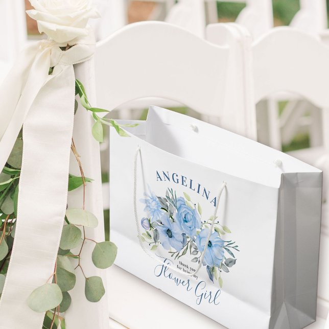 Flower Girl Blue Peony Blommigt Bröllop Tack (Flower Girl Gift Bag with personalized thank you)