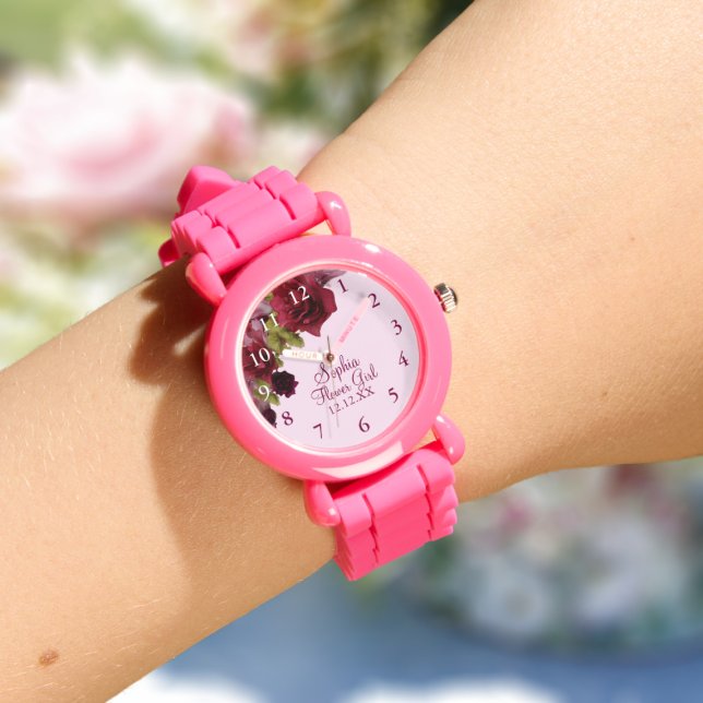 Flower Girl Burgundy Blommigt Wedor Favor Watch Armbandsur (Pretty watch for your Flower Girl or Junior Bridesmaid. Just add their name and your wedding date)