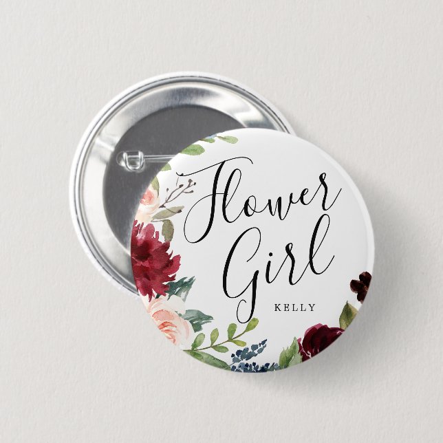 Flower Girl Burgundy Bouquet Personligt bröllp Knapp (Framsida & baksida)
