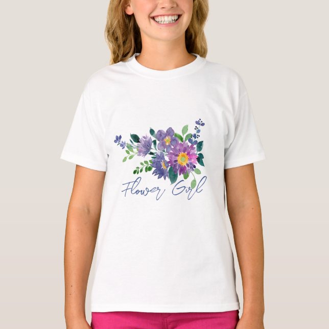 Flower Girl Namn Belar Lila Blommigt Bröllop T Shirt (Framsida)