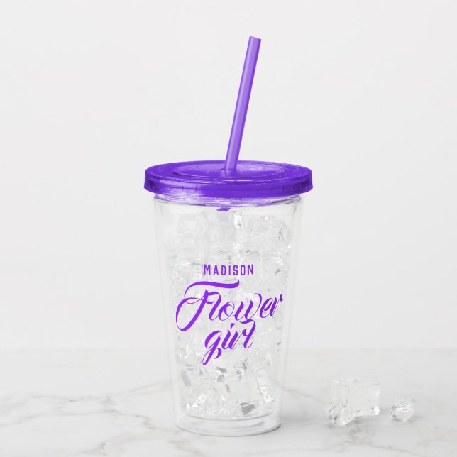 Flower Girl Namn Lila Script Möhippa Bröllop Gift Take Away Mugg (Baksida Ice)