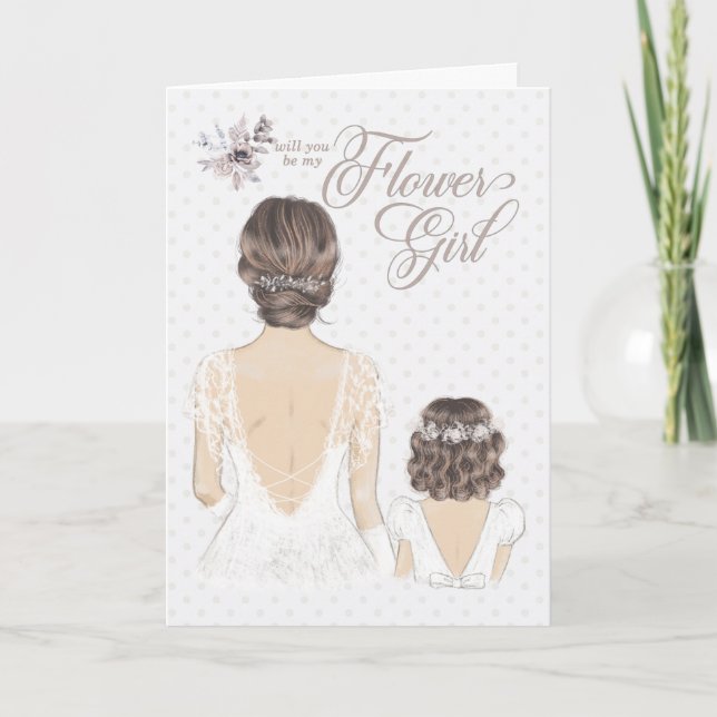 Flower Girl Request Bröllop Bride and Girl Taupe Kort (Framsida)