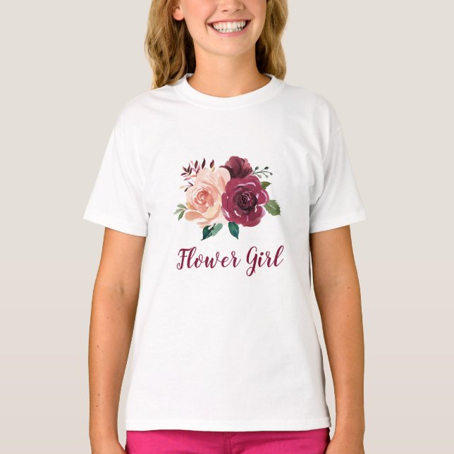 Flower Girl  Rosa Burgundy Ro Blommigt T Shirt (Framsida)