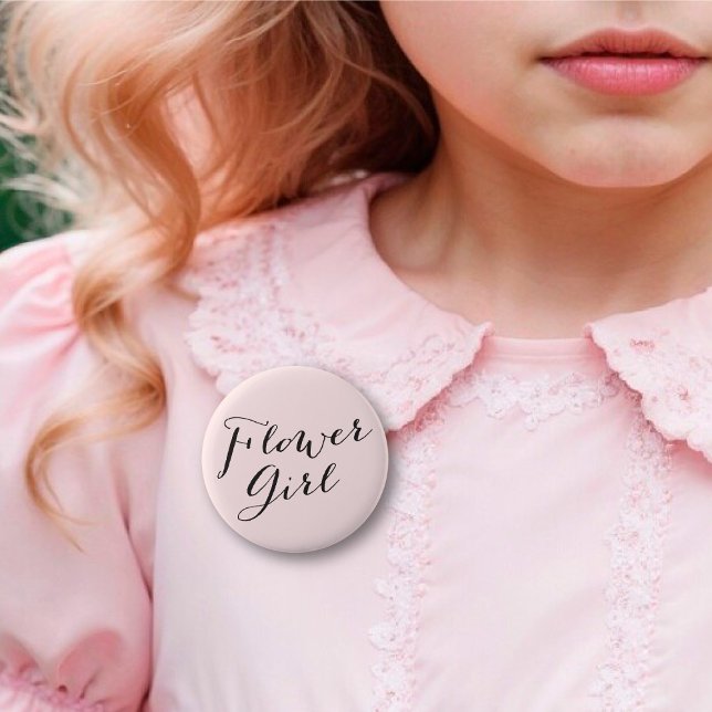Flower Girl Script Chic Bröllop Rehearsal Party Knapp (FLOWER GIRL Classic Script Calligraphy Chic Wedding Rehearsal Party Pin Button @ fatfatin_blue_knot)