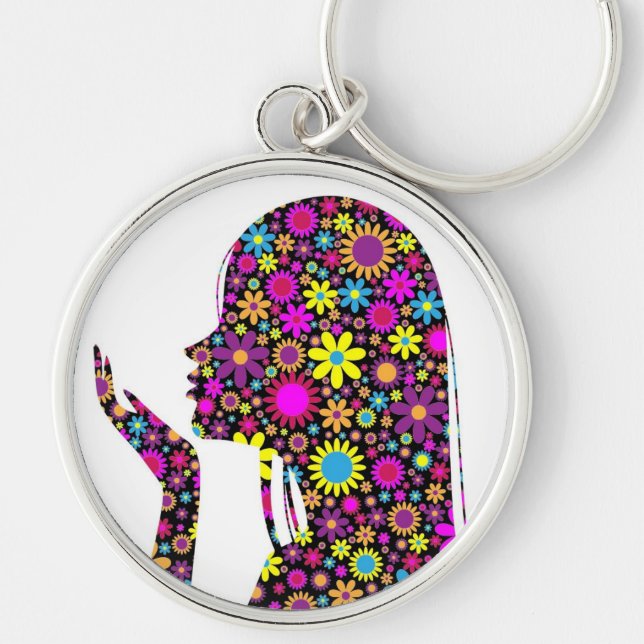 FLOWER GIRL SILHOUETTE RUND SILVERFÄRGAD NYCKELRING (Framsidan)