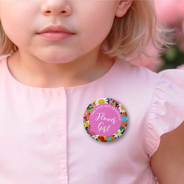 FLOWER GIRL Vår blommor Garden Wedding Namn bricka Knapp (FLOWER GIRL Colorful Spring Flowers Garden Wedding Rehearsal Name Tag Pin Button @ fat_fa_tin)