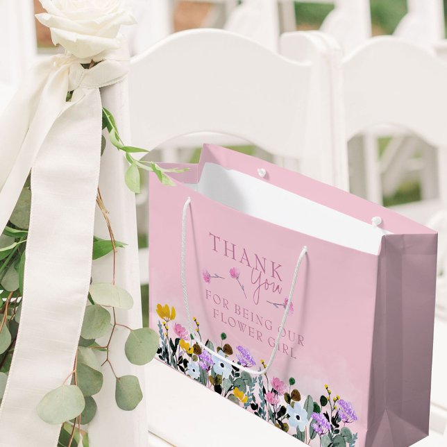 Flower Girl Wildblommes Gräsmatta Rosa Tack Large (Flower Girl Wedding Gift Bag with pretty wildflowers from my Wildflower Lawn collection)