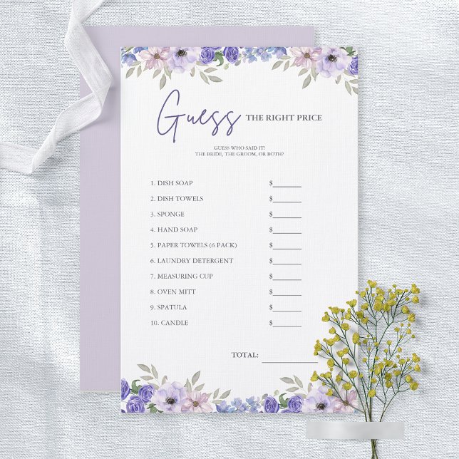 Flower gissa det Prisa Möhippans spelkort (Flower Guess the Price Bridal Shower Game Card)