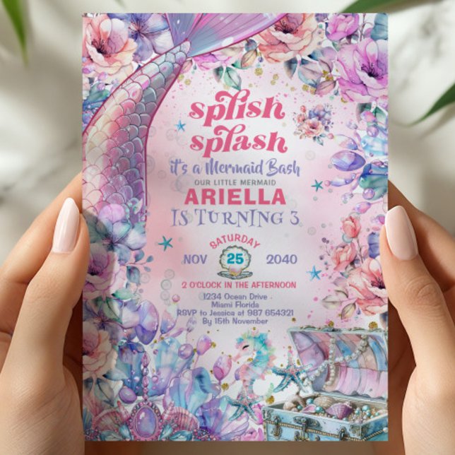 Flower Glitter Mermaid Tail 3rd Birthday  Inbjudningar (Skapare uppladdad)